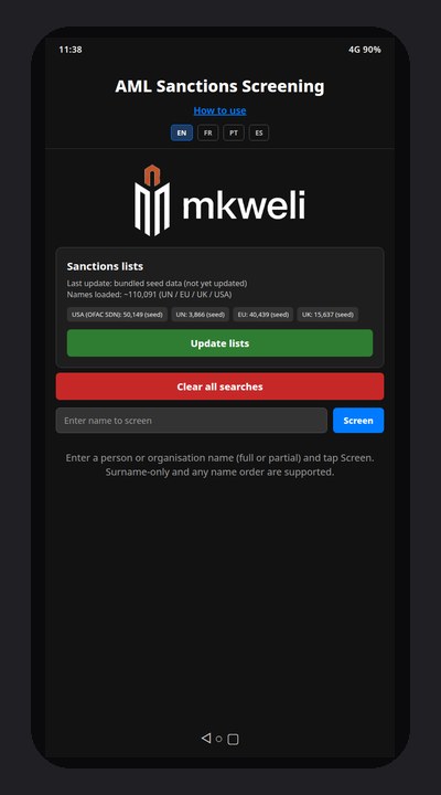 Mkweli AML application interface
