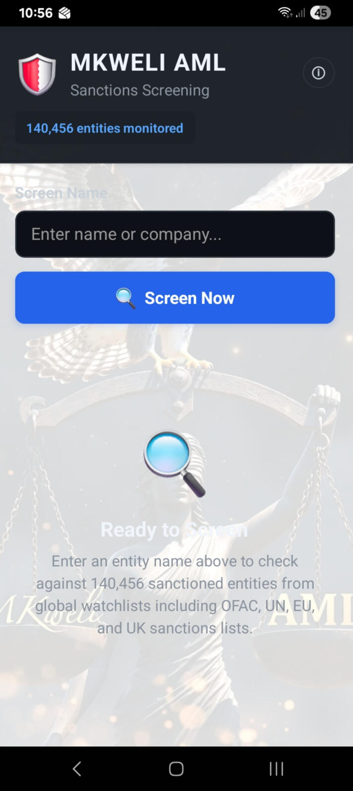 Mkweli AML Mobile app screen showing name input and Screen Now button