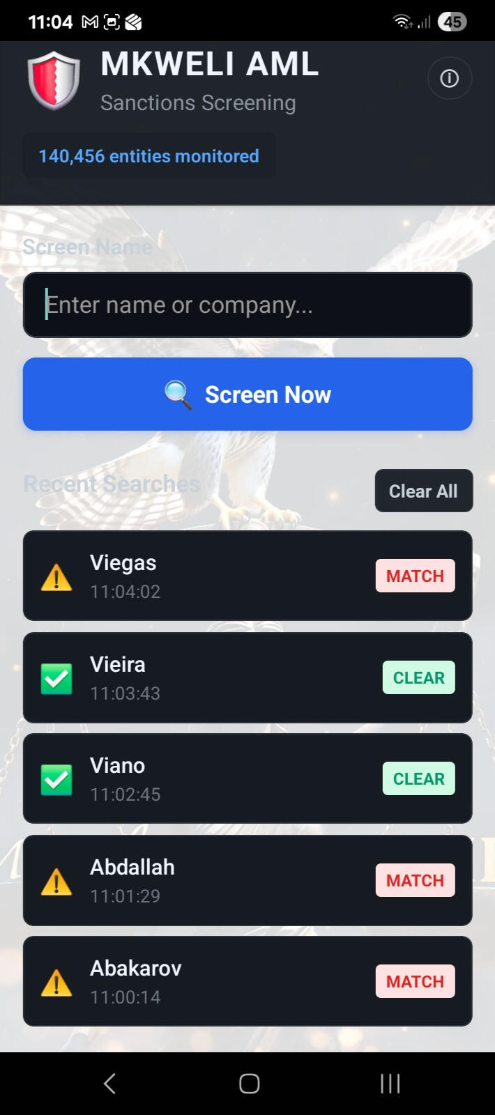 Recent searches showing Clear and Match results