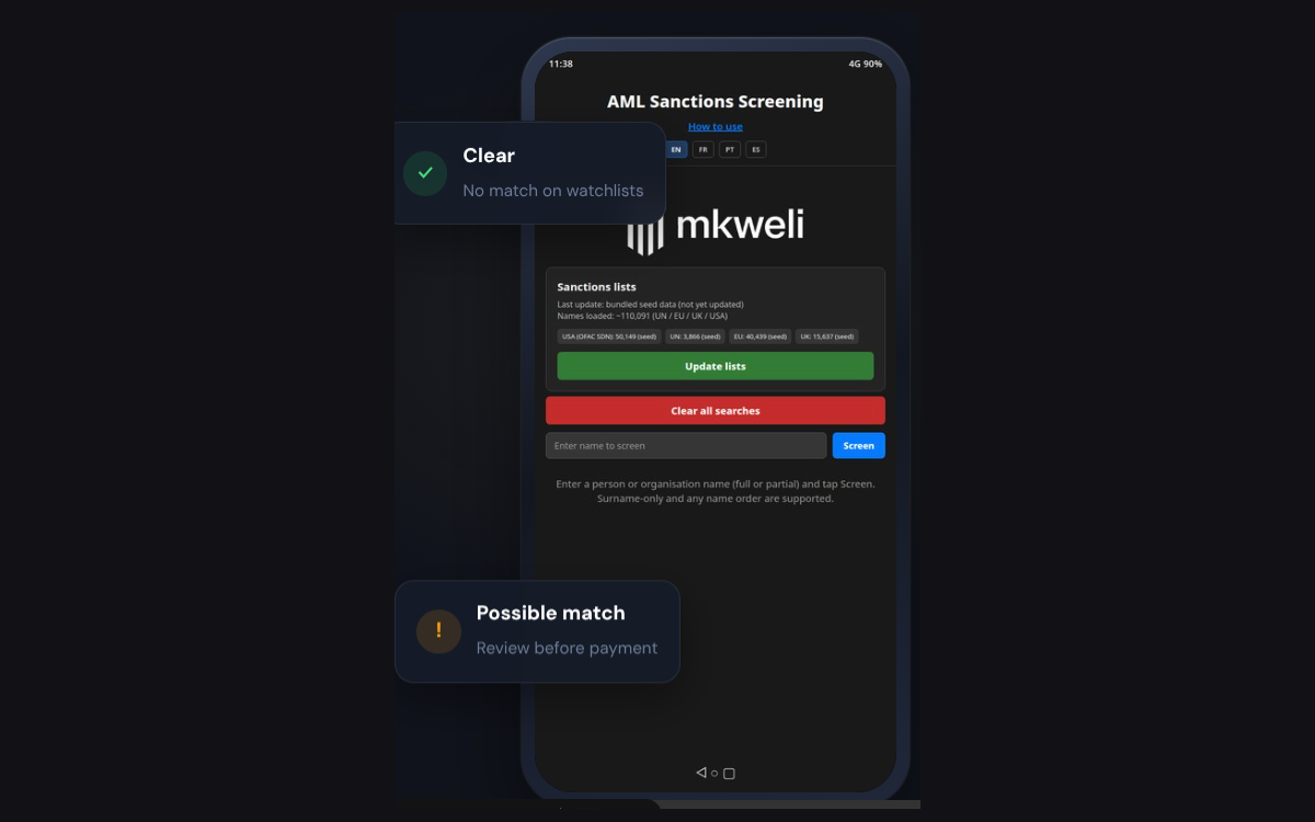 Mkweli AML on a phone: a clear result and a possible match to review before payment