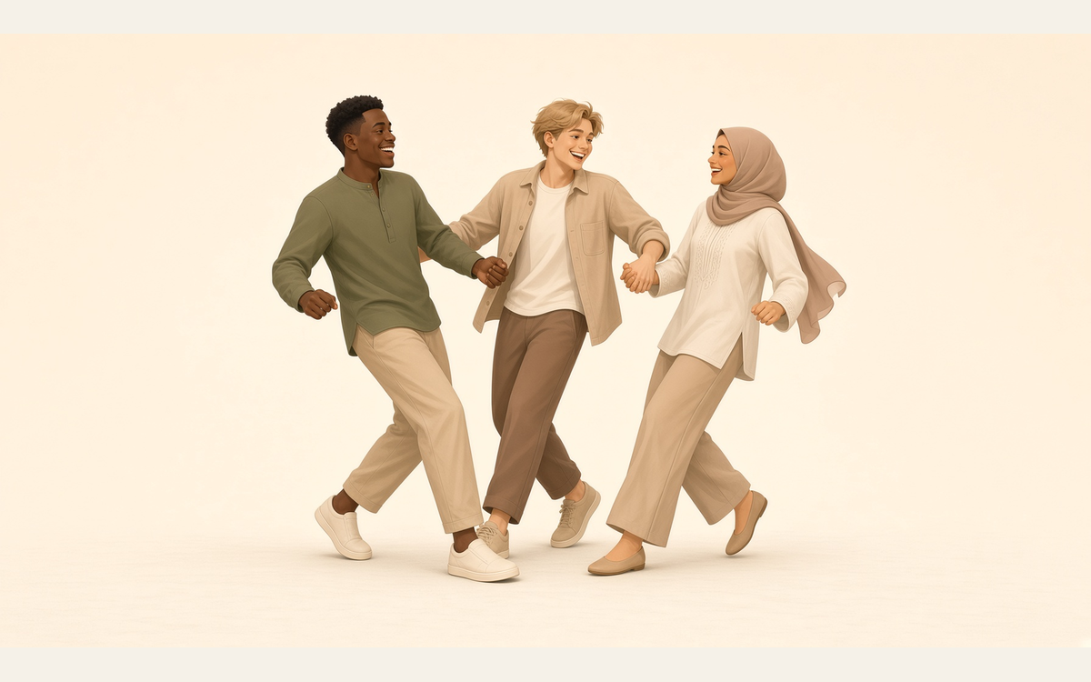 Three people holding hands and dancing in a circle
