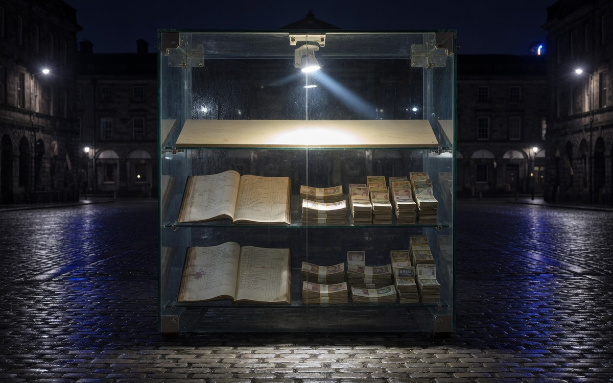 A glass strongroom at night: the money and the ledgers are visible, and one shelf is empty.